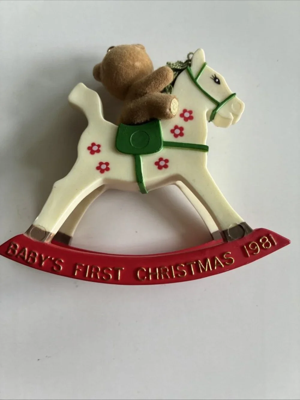 Vintage 1981 Babys First Christmas Teddy Bear Rocking Horse Ornament Flocked